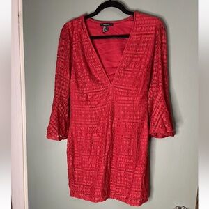 forever 21 Size L Red Lace Long sleeve VNeck Fitted Body Con Dress